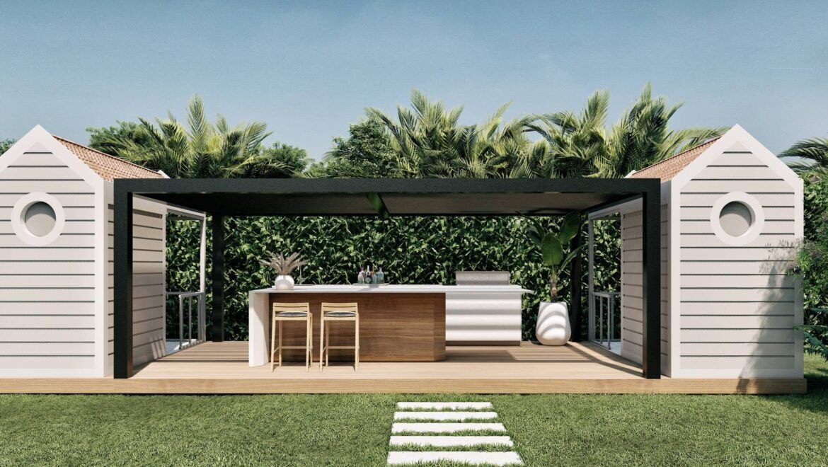 Render del progetto: la cucina esterna attrezzata