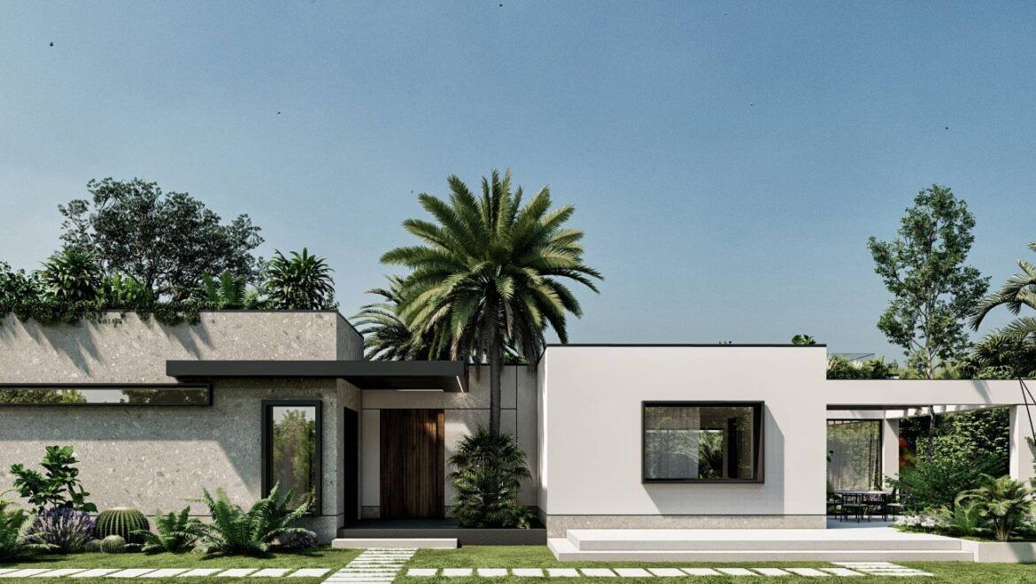 Render del progetto: la facciata d'ingresso della villa