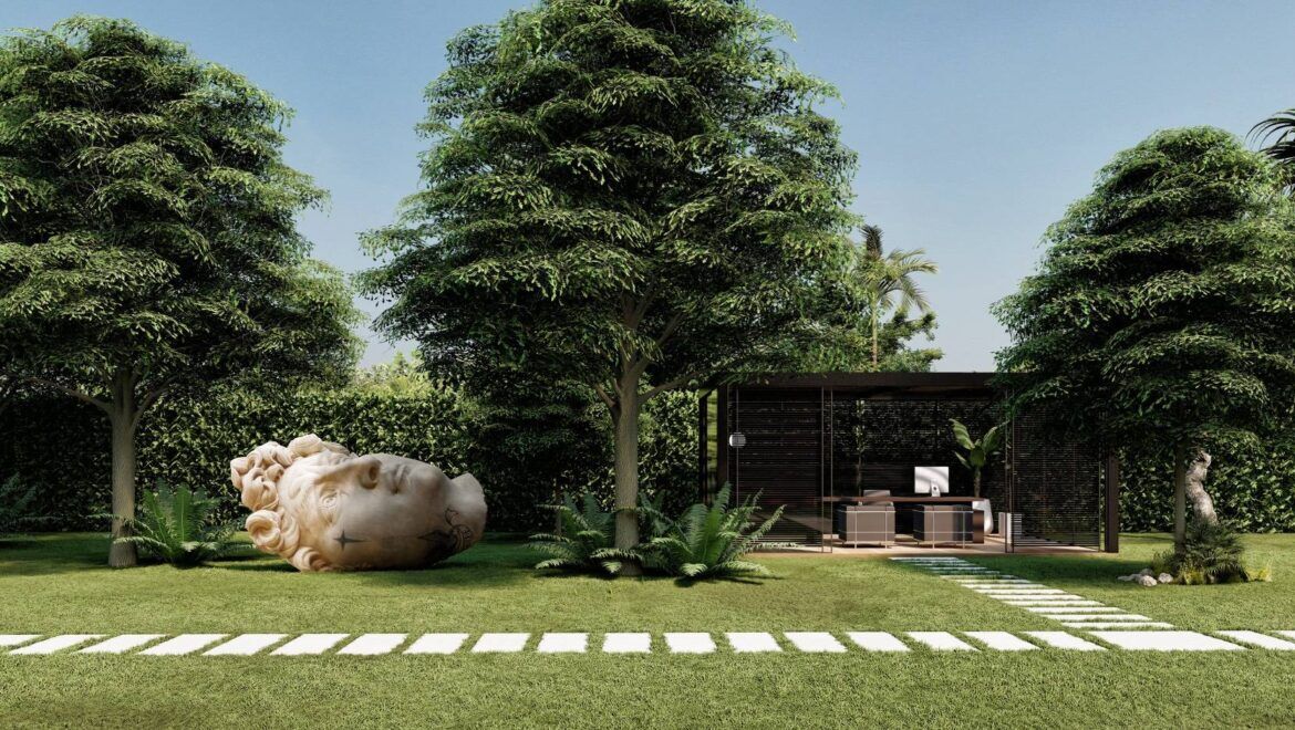 Render del progetto: il giardino con le sculture