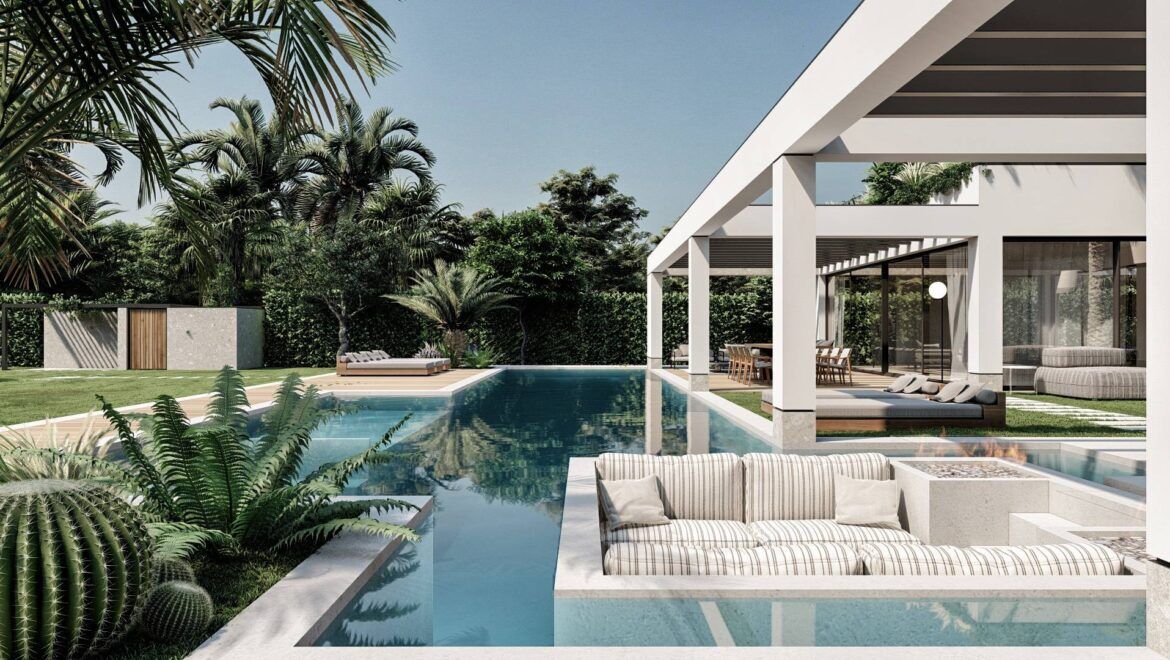 Render del progetto: la lounge a bordo piscina