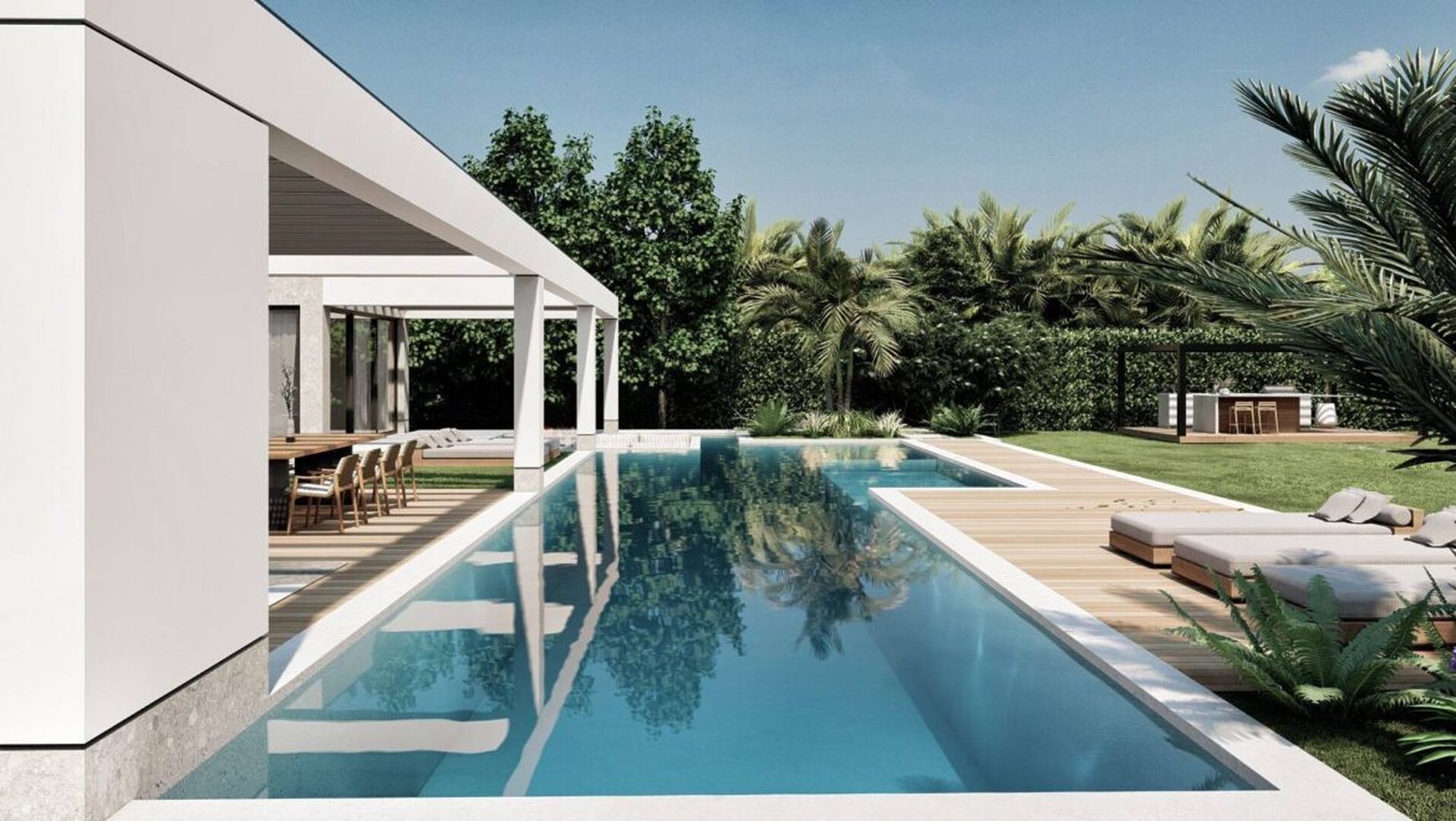 Render del progetto: la piscina di 120 mq con lounge a bordo vasca della villa a Vittoria Apuana