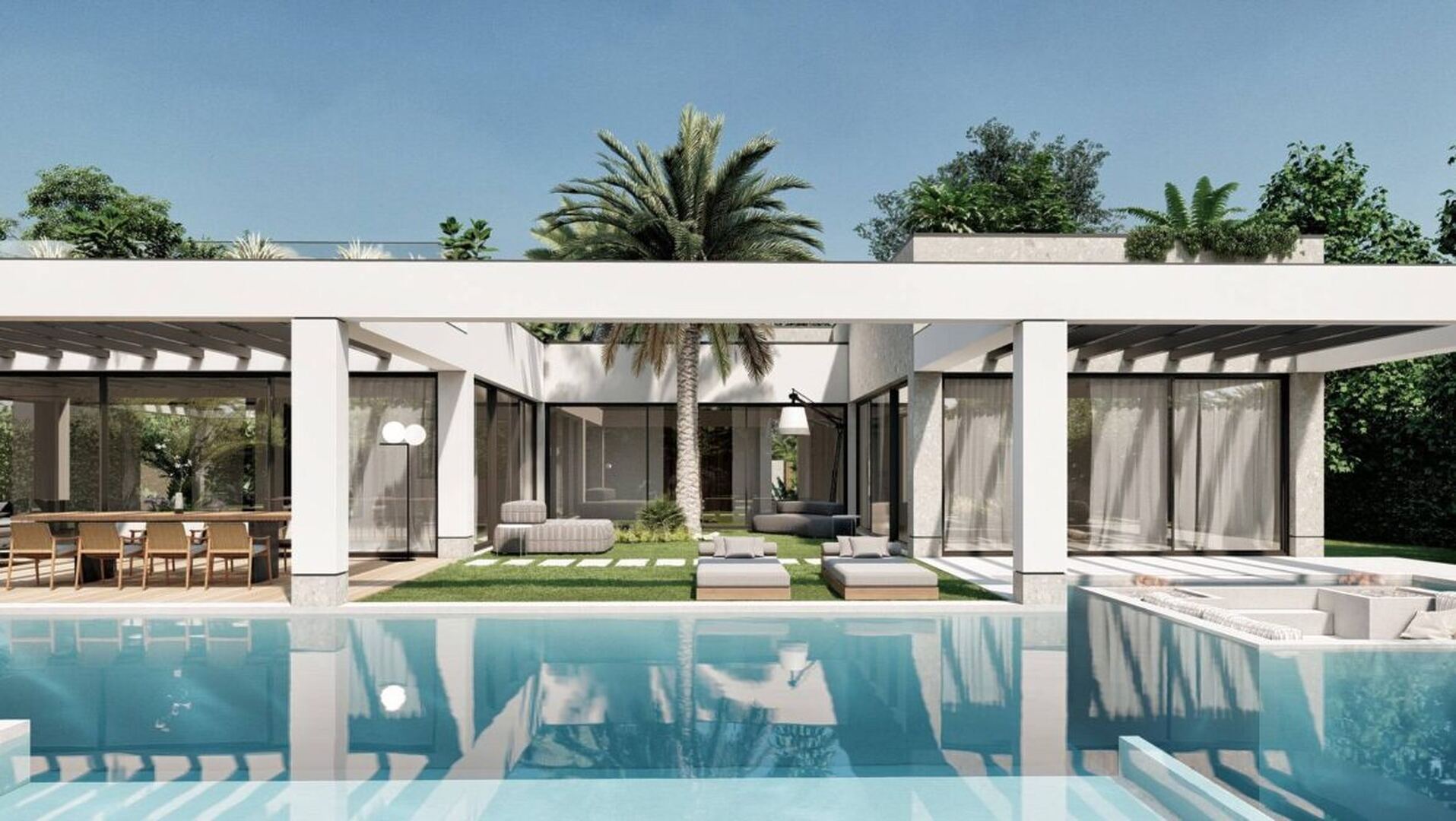Render del progetto: la piscina con specchio d'acqua davanti alla villa contemporanea a Forte dei Marmi
