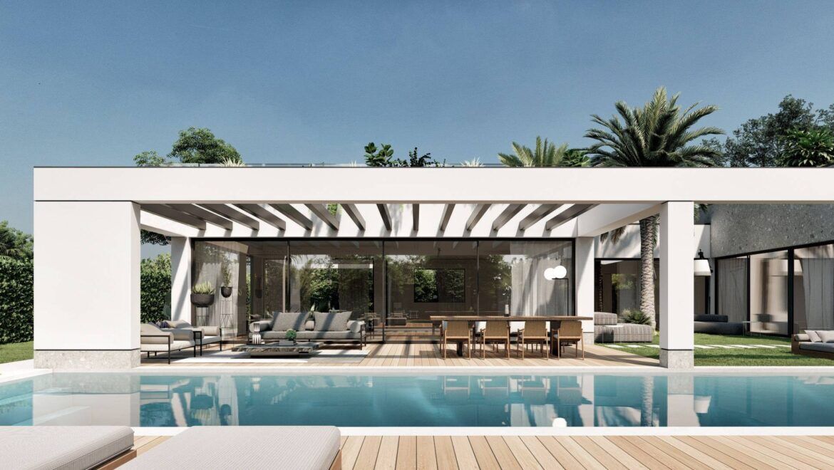 Render del progetto: la pompeiana con zona pranzo a bordo piscina