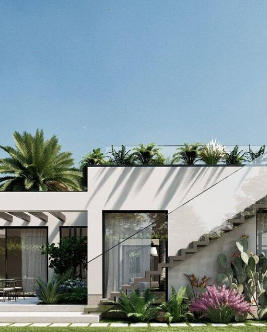 Render del progetto: la scala esterna che sale al solarium della villa